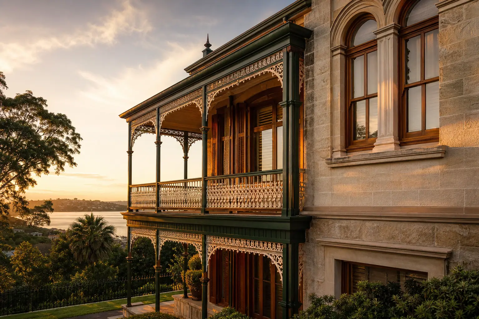 Restored Victorian heritage building with ornate timber windows and verandah in Sydney