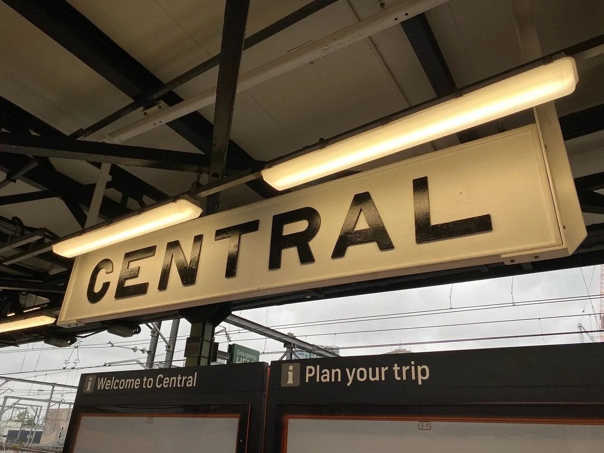 Restored heritage raised-letter platform signage at Central Station, Sydney