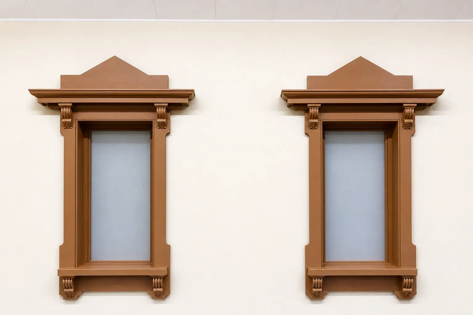 Ornate pediment window surrounds with decorative corbels